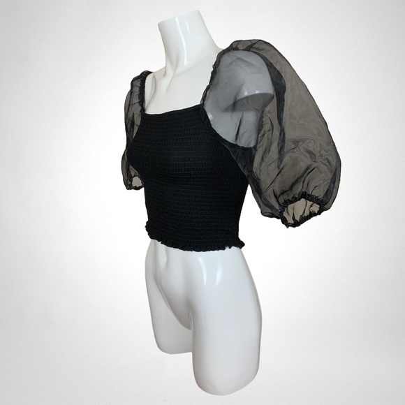 Evolutionary Black Smocked Bodice Top with Sheer Organza Puff Sleeves XL - Picture 4 of 9